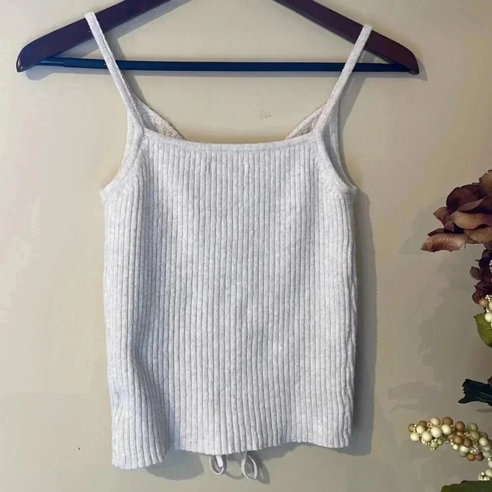 American Eagle Lace Up Cropped Sweater Tank Ivory Cream Ribbed Summer Minimalist - Picture 4 of 5
